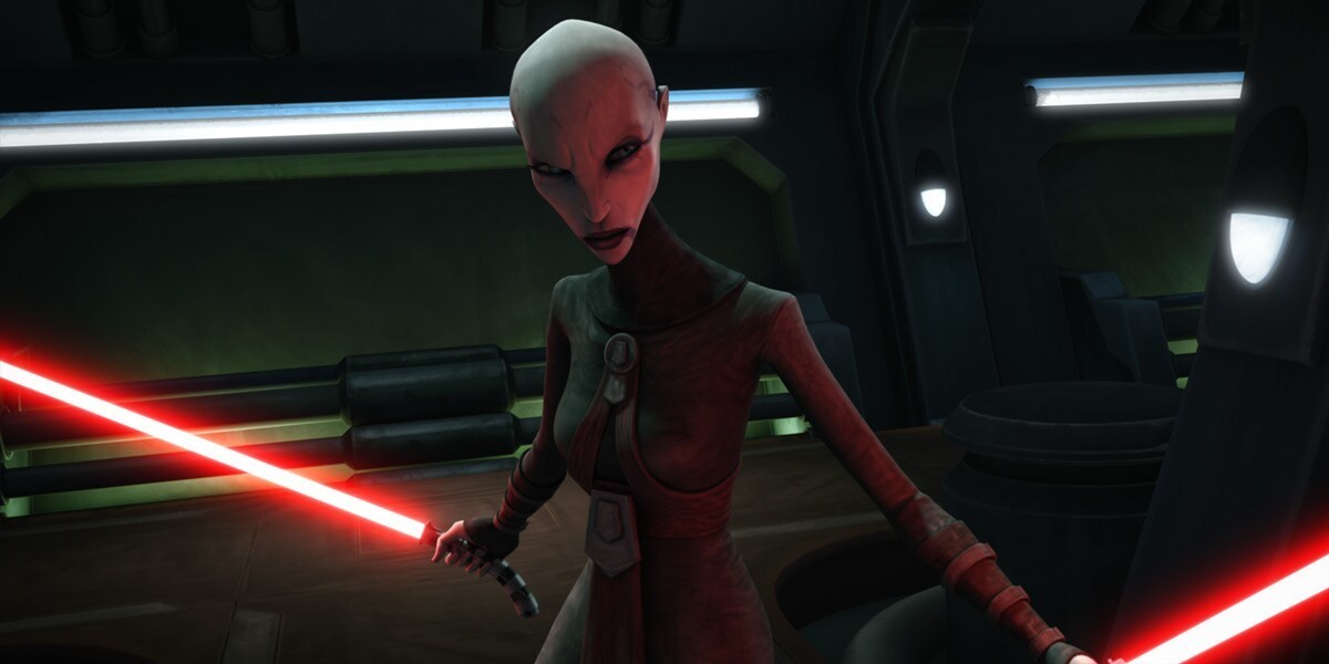 Asajj Ventress holding her lightsabers.