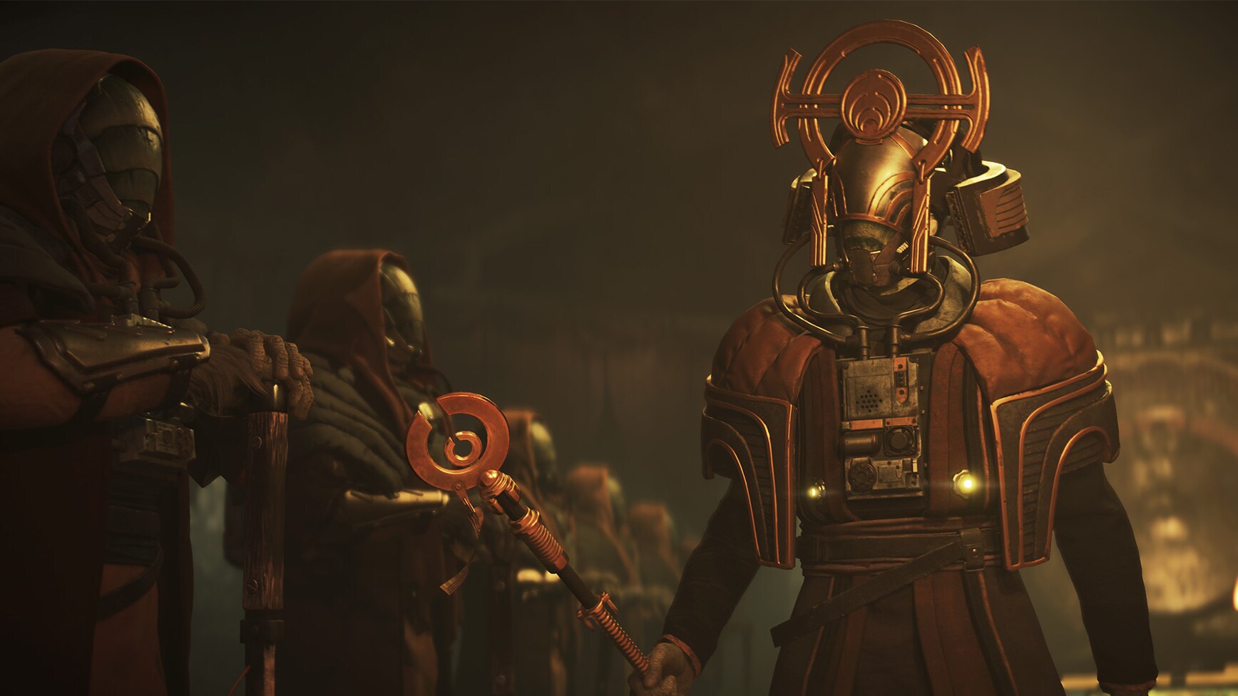 Lucasfilm game still showing Ashiga Clan members in ceremonial equipment inside Kijimi stronghold