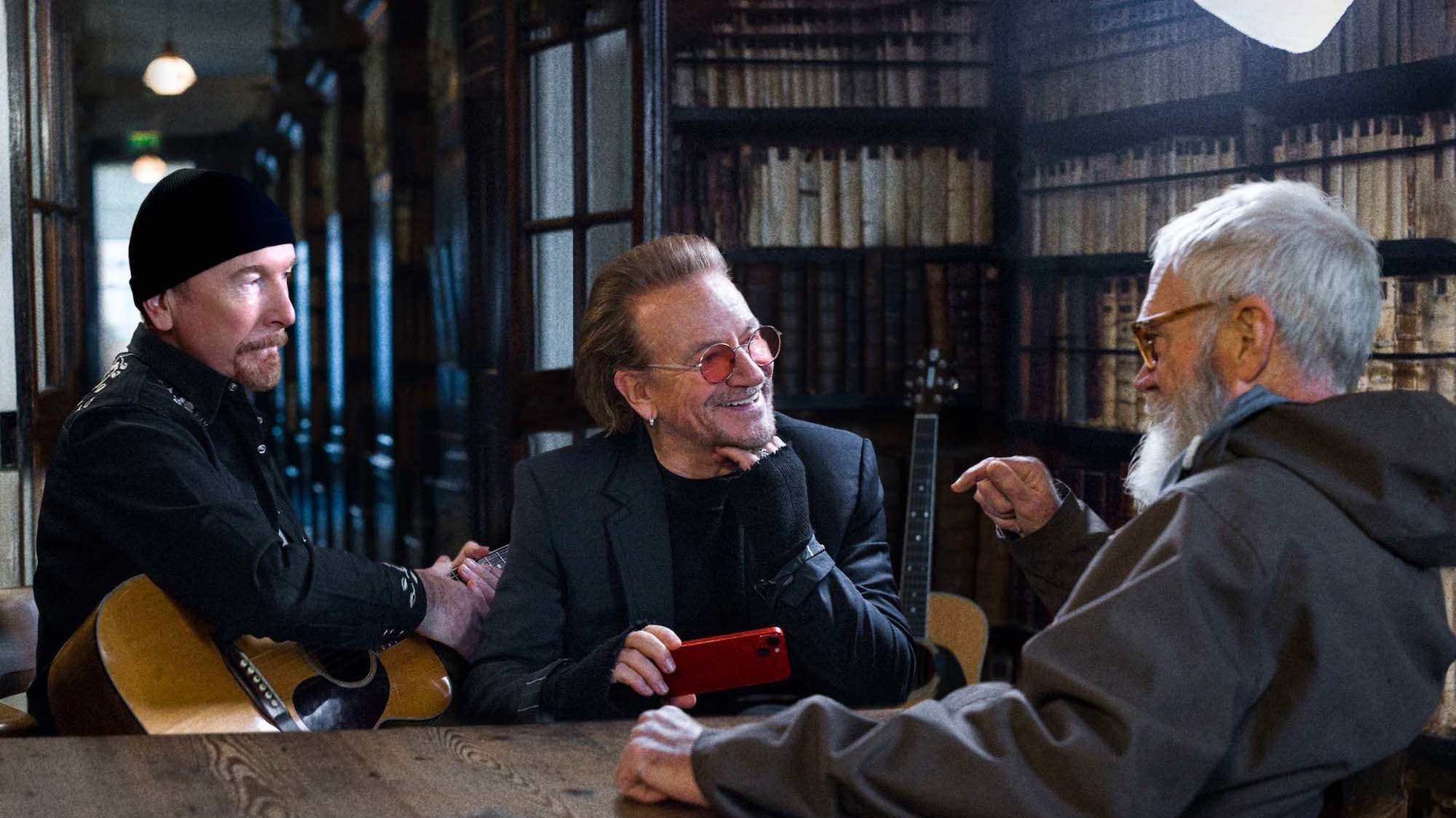 The Edge, Bono and Dave Letterman during an interview in Dublin.  (Disney)
