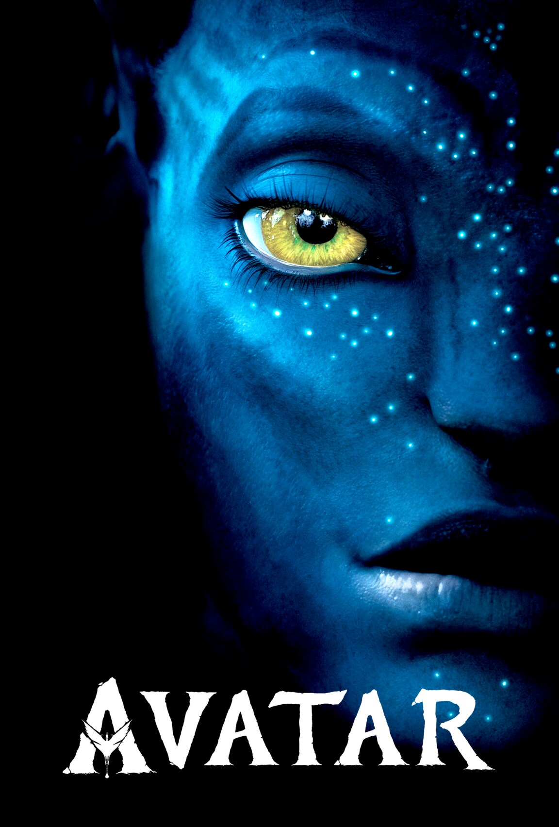 A close up image of a blue faced character from Avatar.