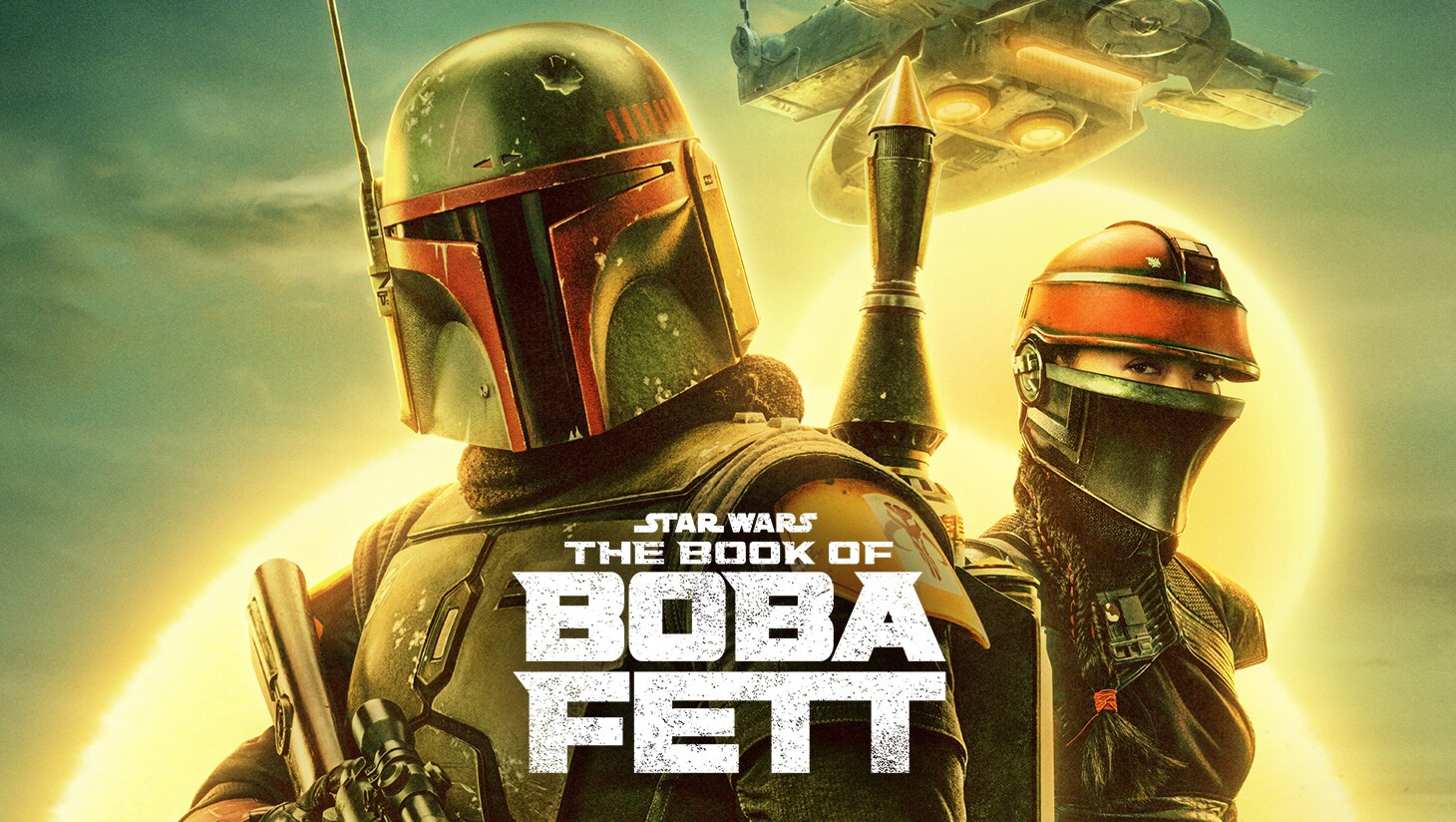 Actors Temuera Morrison as Boba Fett and Ming-Na Wen as Fennec Shand wear armour and stand in front of a sun with Boba's ship in the background