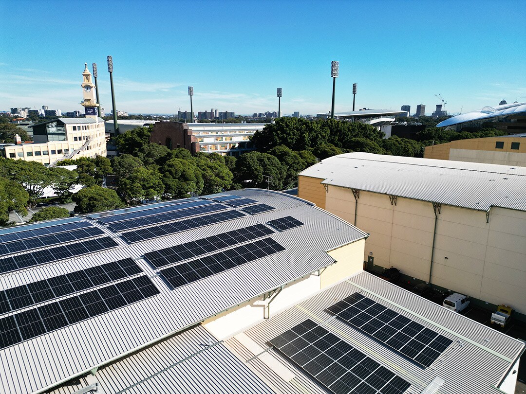 A photograph of the solar panels on the roof of Disney Studios Australia in Sydney.