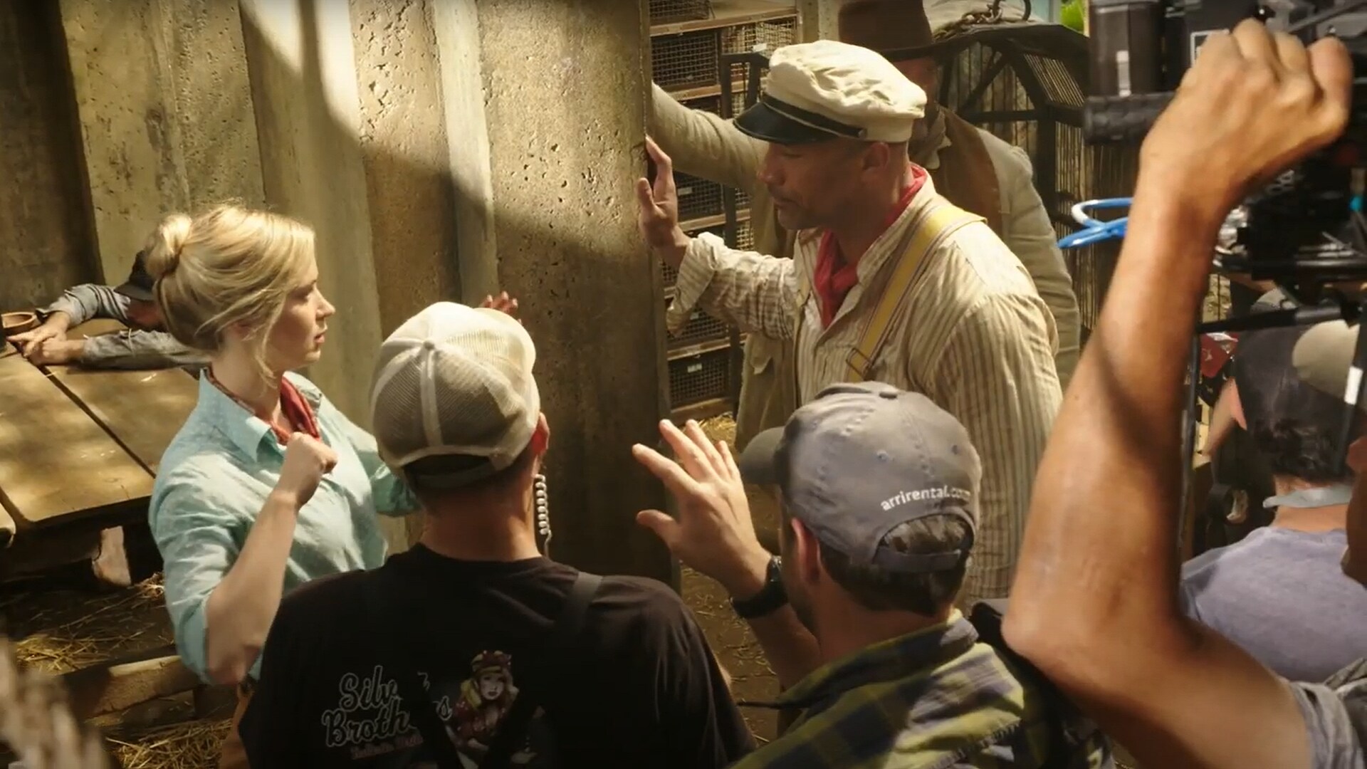 Emily Blunt and Dwayne Johnson behind the scenes filming Disney's Jungle Cruise
