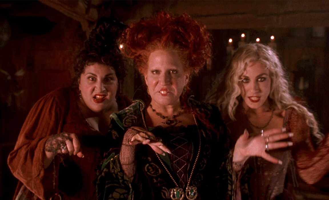 Kathy Najimy, Bette Midler and Sarah Jessica Parker as witches in Hocus Pocus on Disney Plus