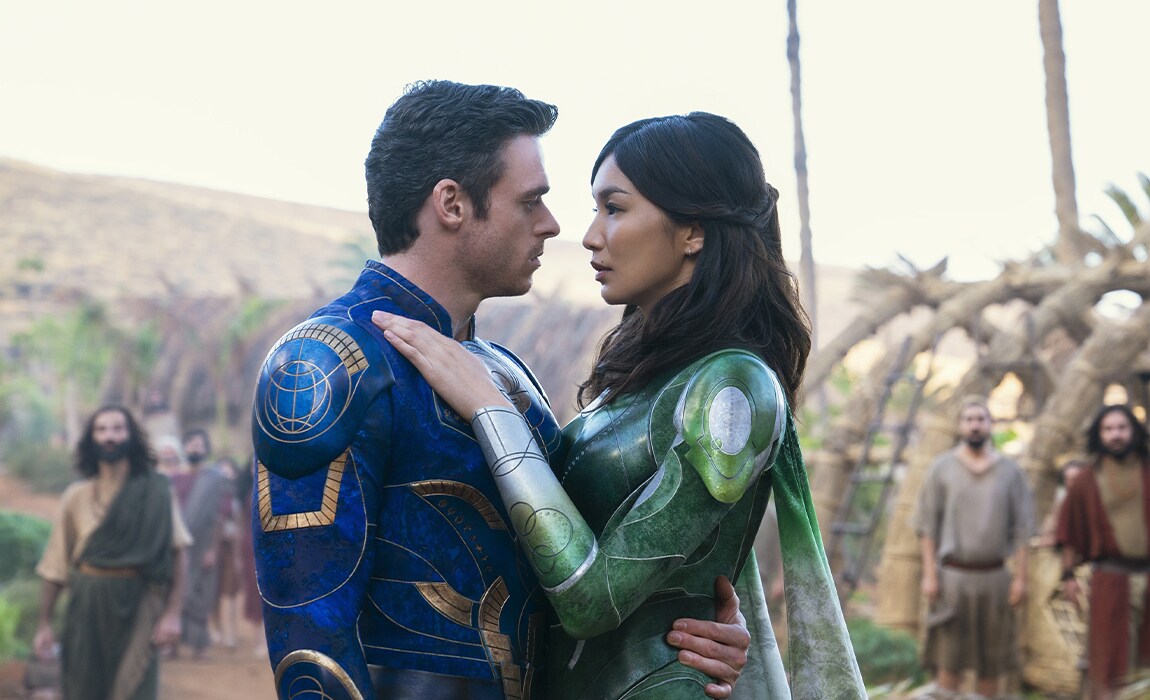 Ikaris (Richard Madden) and Sersi (Gemma Chan) embrace in Marvel Studios' Eternals
