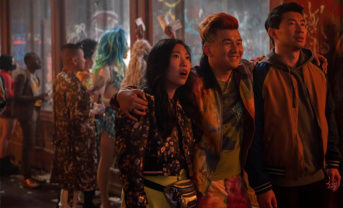 Awkwafina, Ronny Chieng and Simu Liu in Shang-Chi and The Legend of The Ten Rings
