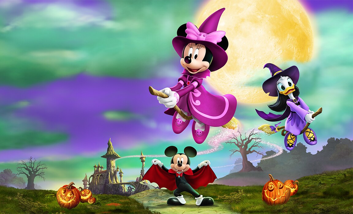 Mickey Mouse as a vampire watches Minnie Mouse and Daisy Duck as witches ride on broomsticks from Mickey's Tale of Two Witches on Disney Plus