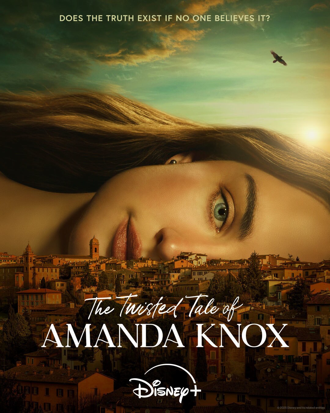 A poster for The Twisted Tale of Amanda Knox, streaming soon on Disney+.