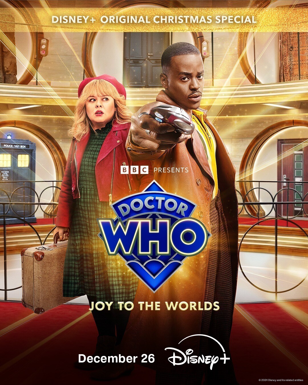 A poster image for Disney+ Original Christmas Special 'Doctor Who: Joy To The Worlds'.