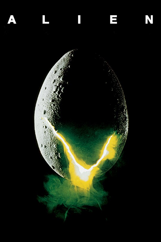 Alien (1979) poster art featuring the title 'Alien' at the top of the image, below it is a dark egg with green cracks appearing.