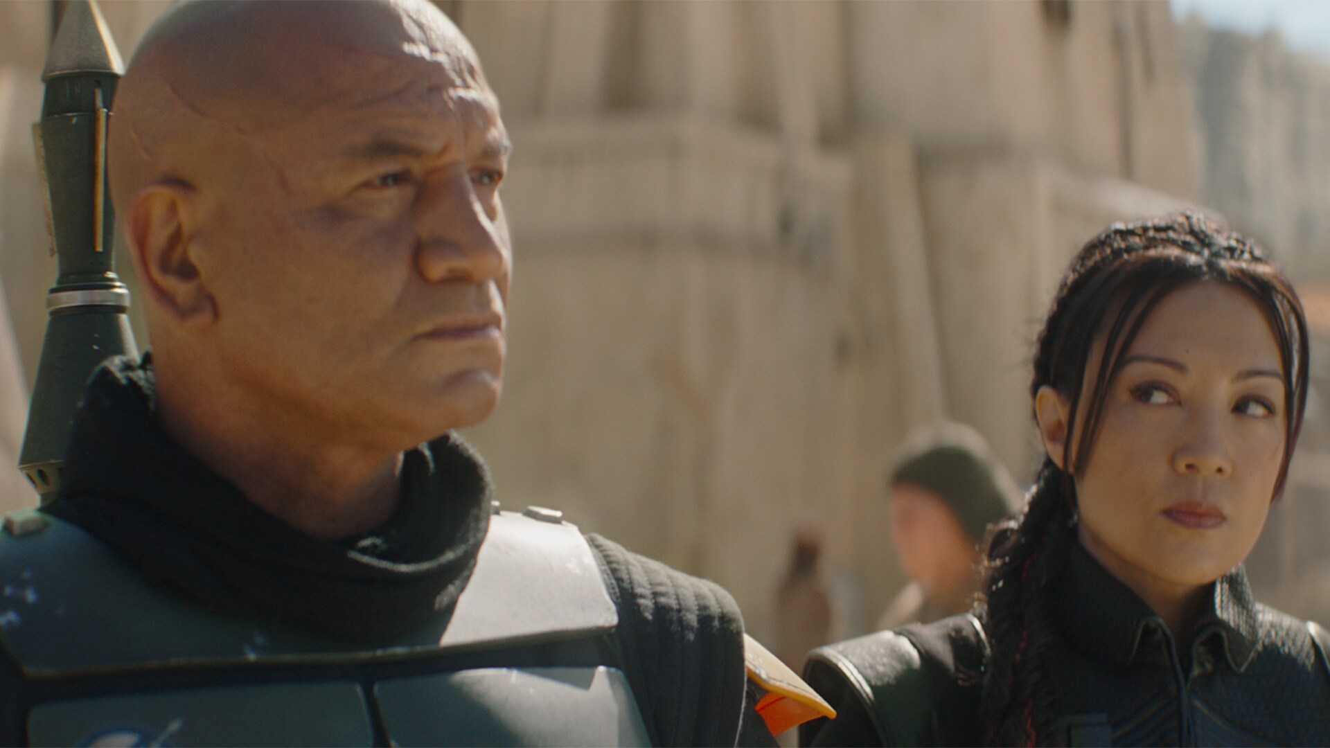 Actors Temuera Morrison and Ming-Na Wen in Star Wars: The Book of Boba Fett