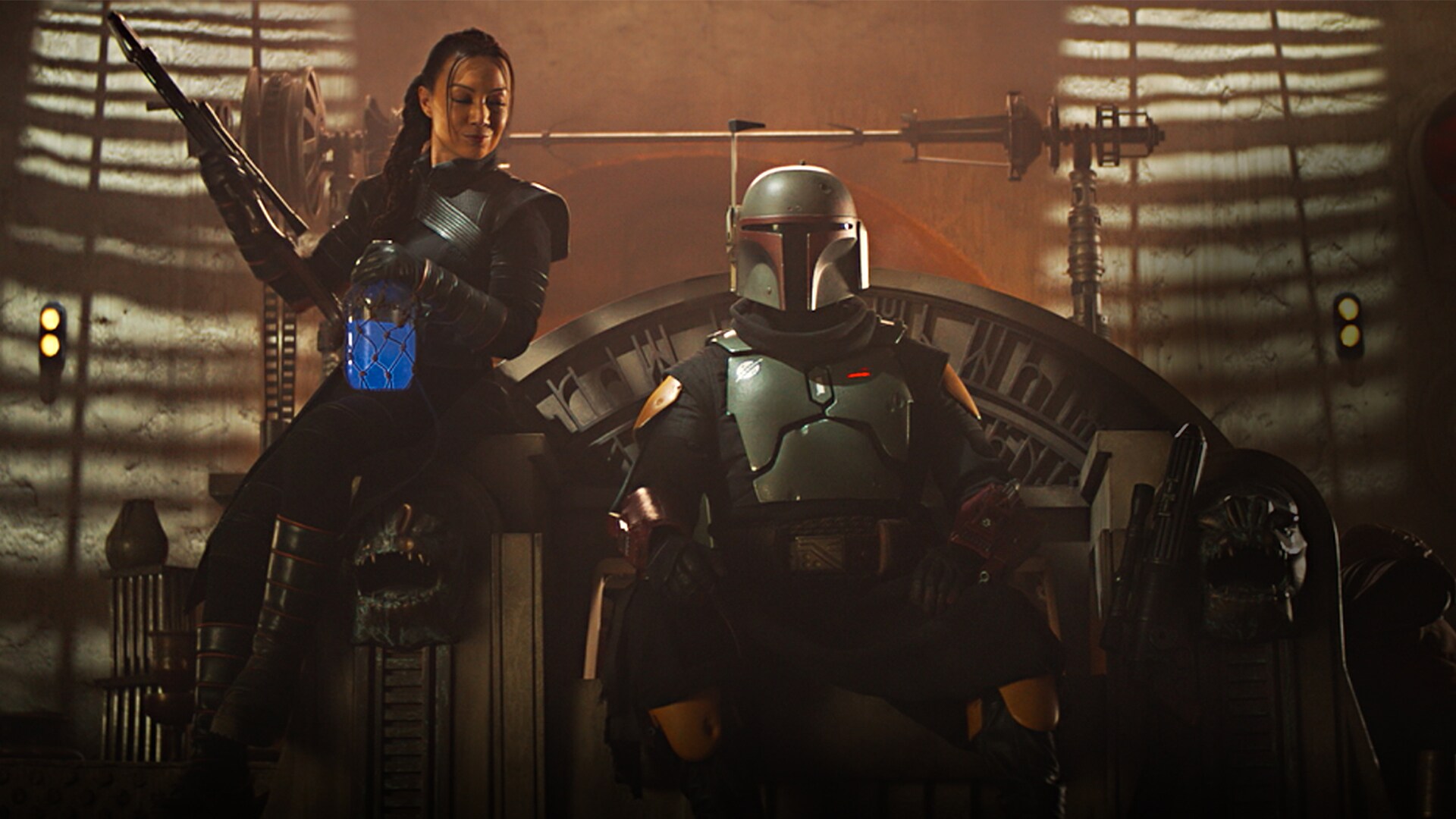 Actors Ming-Na Wen and  Temuera Morrison in Star Wars: The Book of Boba Fett