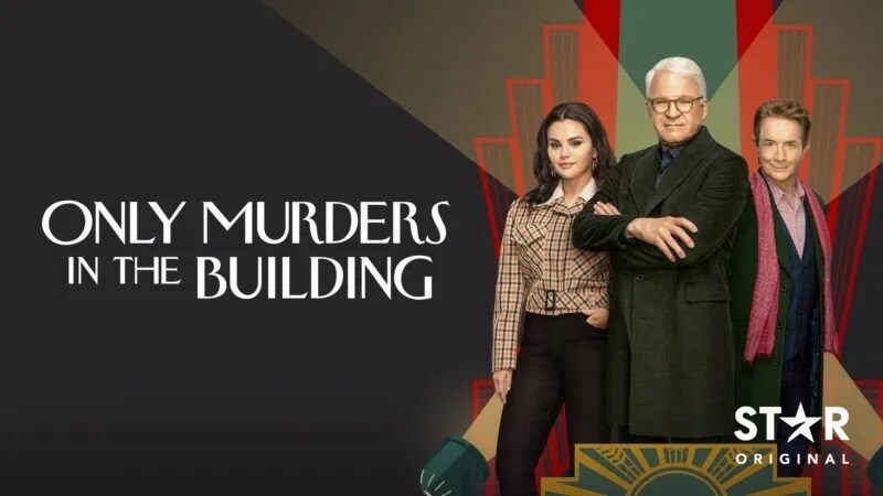 An image of Steve Martin, Martin Short and Selena Gomez standing by an art deco pattern with the title 'Only Murders in the Building' to the left of them.