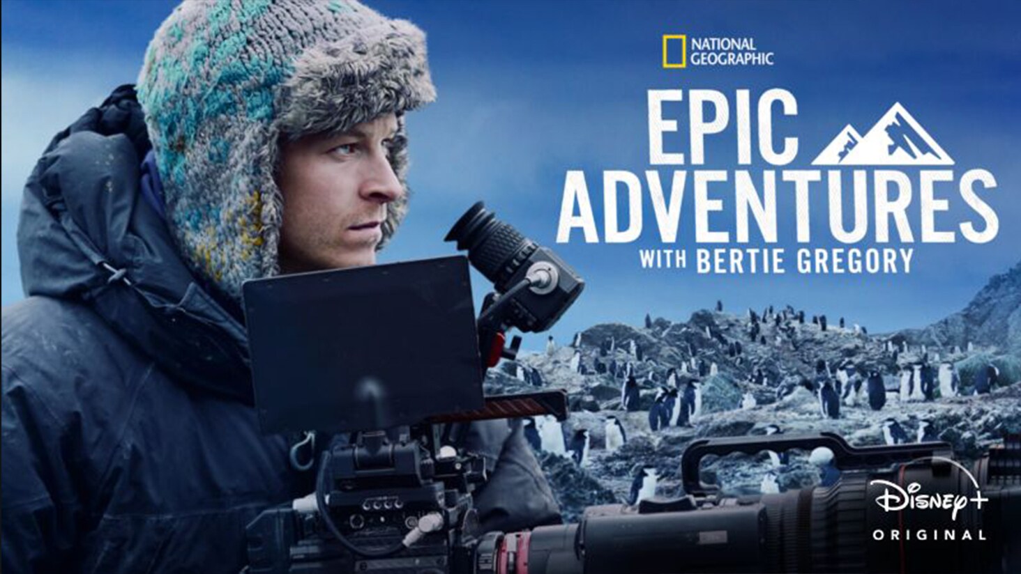 An image of Bertie Gregory with camera looking over a frozen landscape covered with penguins.