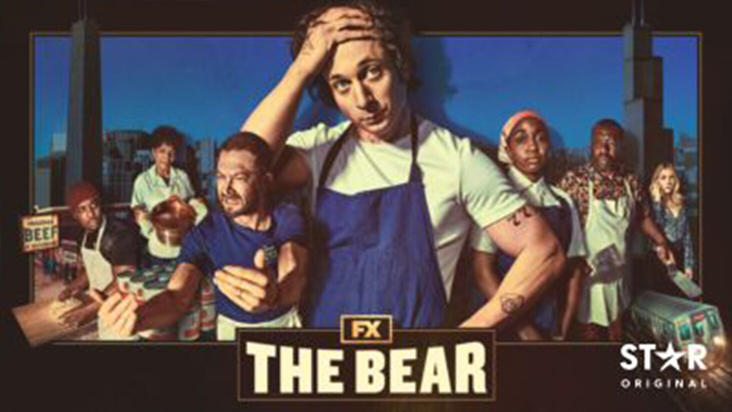 An image featuring Jeremy Allen White as Chef Carmy from series The Bear, surrounded by supporting cast and elements of the restaurant The Original Beef of Chicagoland.