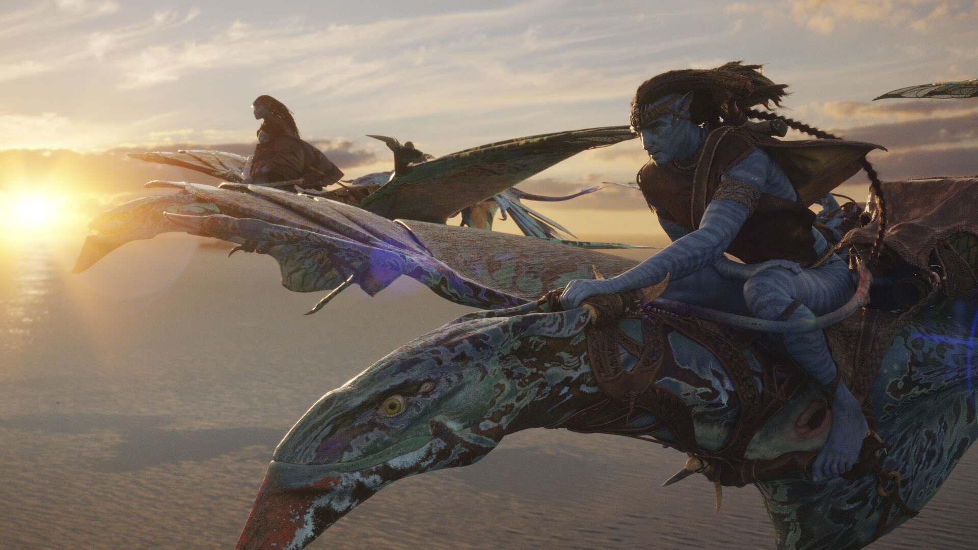 Image of a character on a flying creature from the 20th Century Studios movie Avatar: The Way of Water.
