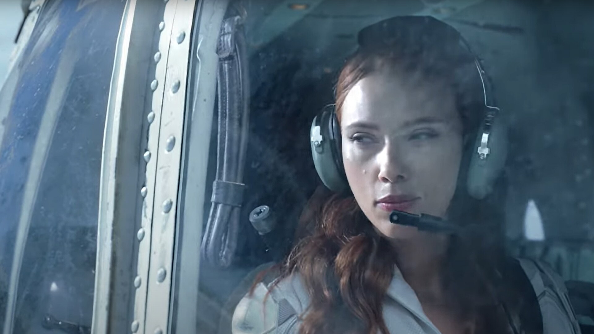 Scarlett Johansson as Black Widow in a helicopter
