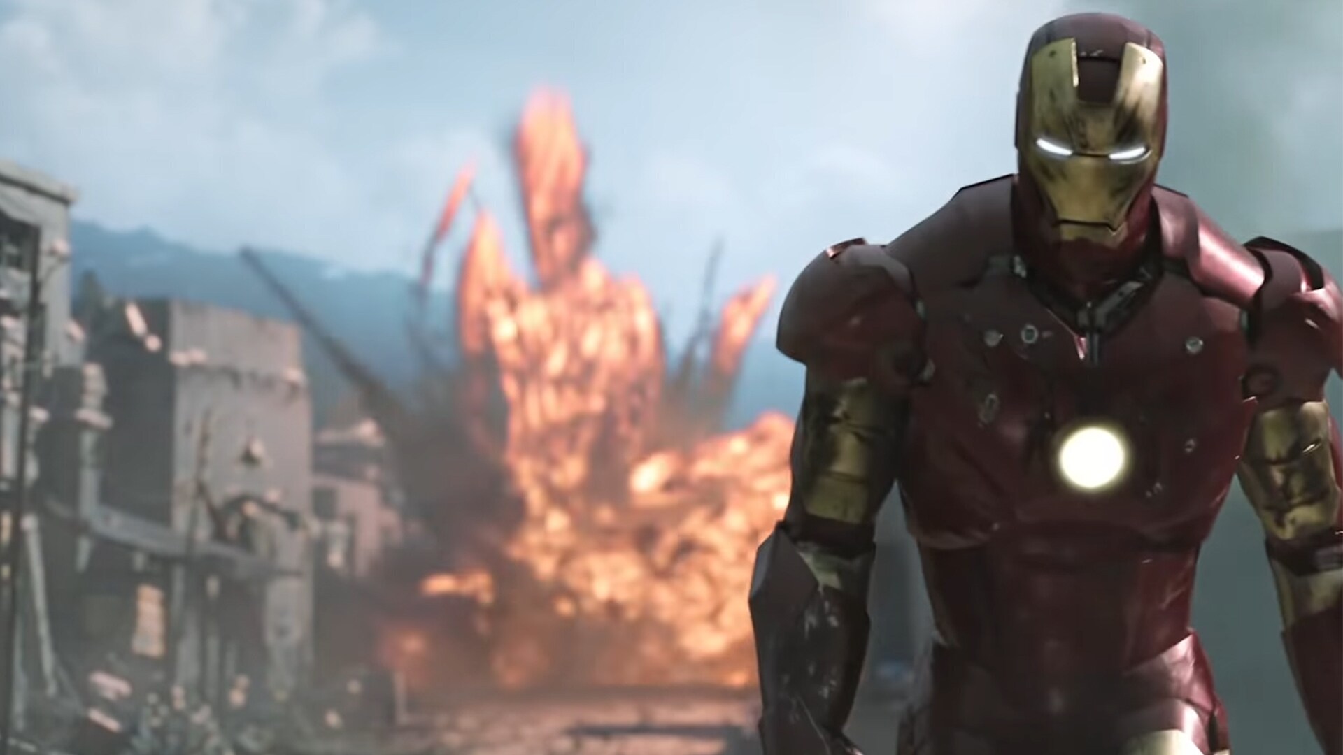 Iron Man walks away from an explosion behind him from Marvel Studios' Iron Man.