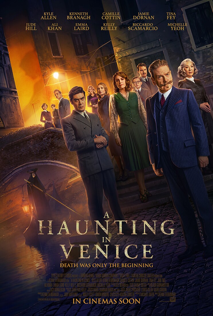 The movie poster for A Haunting In Venice featuring the cast standing on a bridge over a river at night time.
