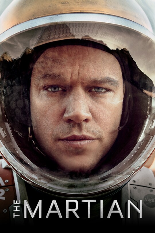 A close up of Matt Damon wearing an astronauts helmet with shattered glass, 'The Martian' title is in the bottom of the image.