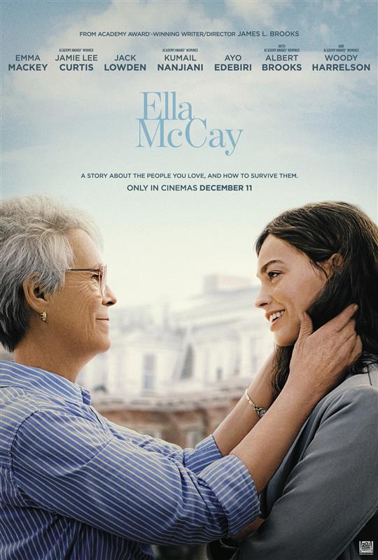 Teaser movie poster for Ella McCay featuring Jamie Lee Curtis and Emma Mackey.