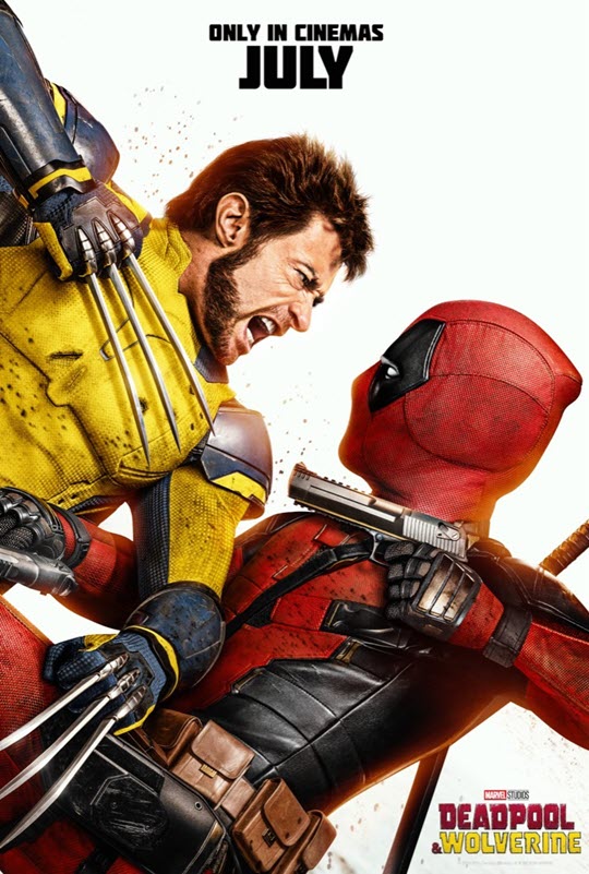 Movie poster for Marvel Studios' Deadpool & Wolverine film featuring Hugh Jackman as Wolverine and Ryan Reynolds as Deadpool.