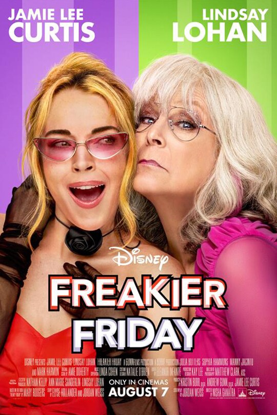 A movie poster for Disney's Freakier Friday featuring Jamie Lee Curtis and Lindsay Lohan.
