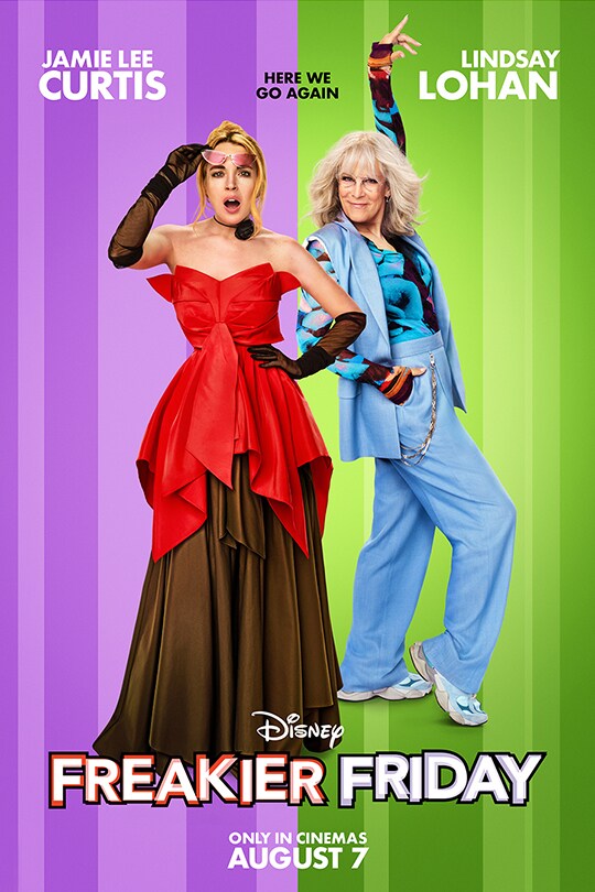 A movie poster for Disney's Freakier Friday featuring Jamie Lee Curtis and Lindsay Lohan.