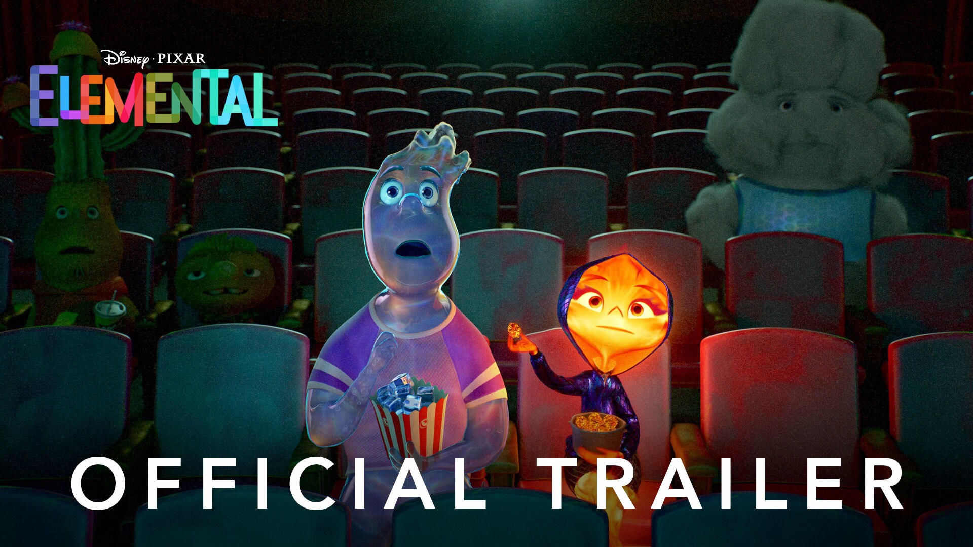 A thumbnail for the Pixar's Elemental official trailer.