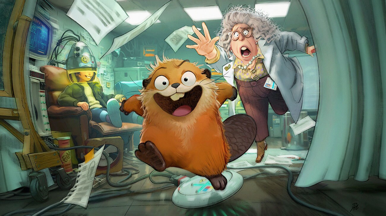 Illustrated still image 'Escape The Lab' shown at D23 from the Disney•Pixar movie "Hoppers."