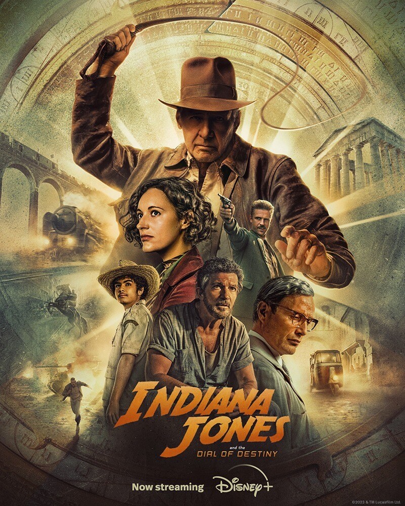 Indiana Jones cracks his whip in the Disney+ movie poster for Indiana Jones and the Dial of Destiny.