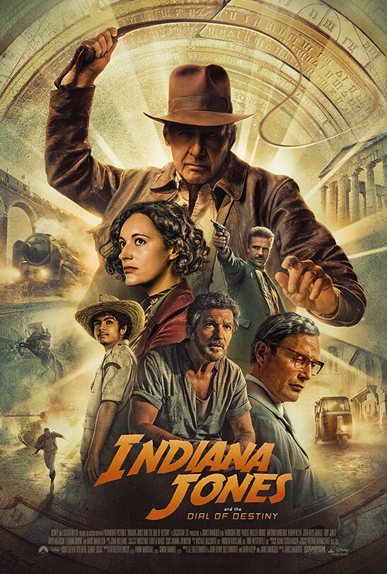 Indiana Jones cracks his whip in the movie poster for Indiana Jones and the Dial of Destiny
