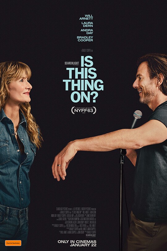 The teaser movie poster for Searchlight Pictures' new movie Is This Thing On? starring Will Arnett and Laura Dern.