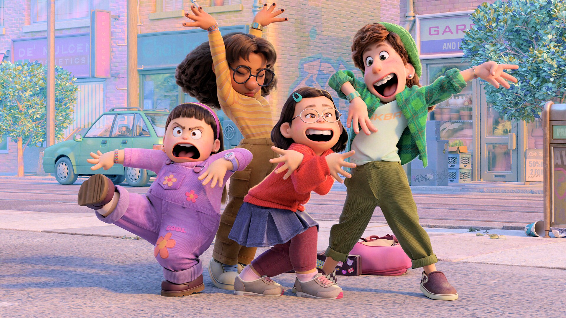 The character of Mei and her three friends cheer happily from the Disney and Pixar animated movie Turning Red.