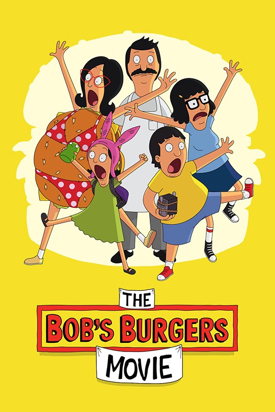 The animated characters staring in The Bob's Burger Movie flail their arms in front of a burger shaped silhouette. 
