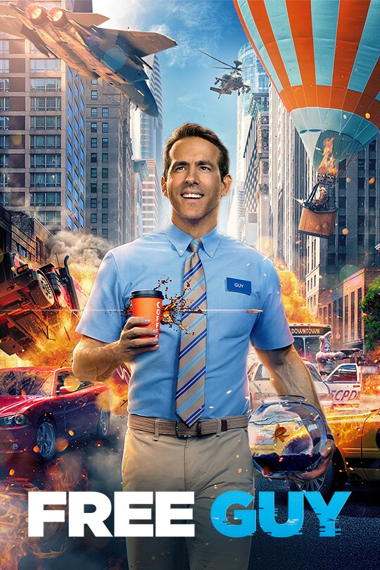 Ryan Reynolds walks towards the camera in business attire, holding a coffee, while explosions and mayhem ensue behind him.