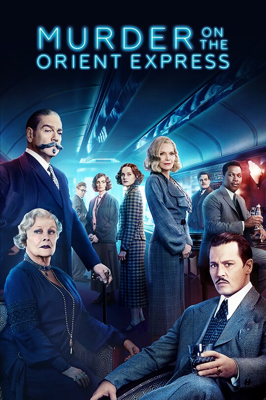 Murder on the Orient Express cast, including Johnny Depp, Michelle Pfeiffer and Juid Dench look towards in the camera in a blue train carriage. 