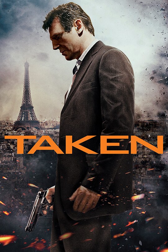 Liam Neeson stands sideways with pistol in hand, looking towards the ground with Paris's Eiffel Tower in the background.