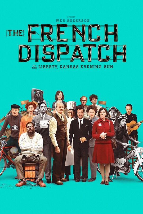 The full cast of The French dispatch stand next to each other, in varying outfits and colours.
