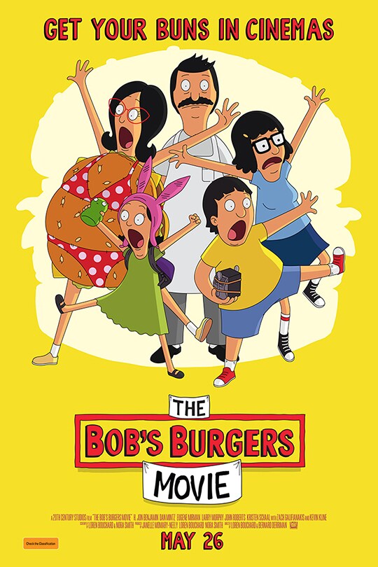 The animated characters staring in The Bob's Burger Movie flail their arms in front of a burger shaped silhouette. 