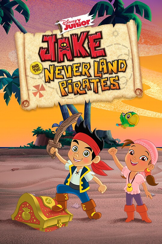Jake from Jake and the Never Land Pirates stands with one foot on a treasure chest, holding a wooden sword above his head.