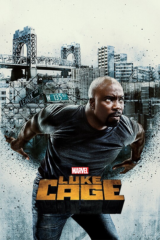 Luke Cage stands at the front of a gritty silhouette of New York City, with the Luke Cage title treatment in front of his chest.