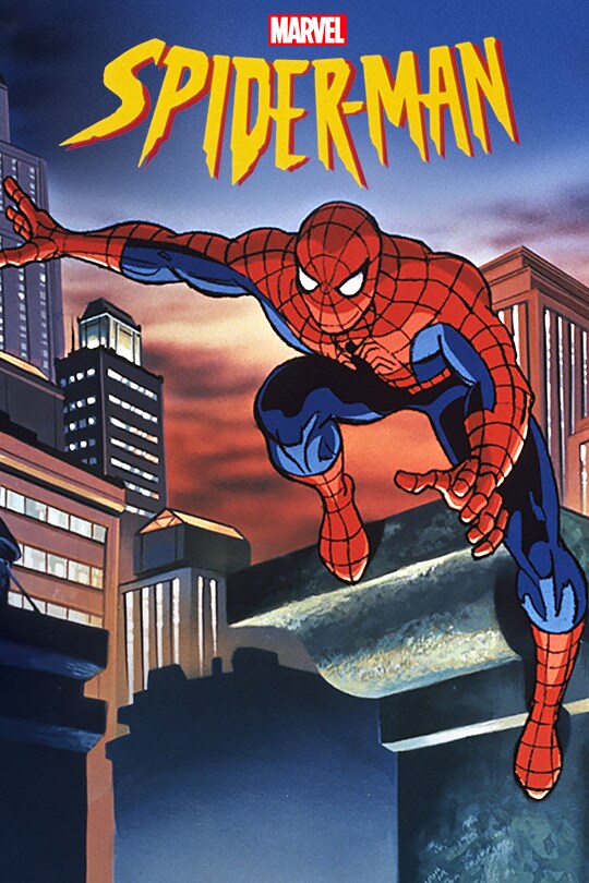 An animated red and blue Spider-Man jumps off a building ledge with large sky scrapers in the background. The 'Spider-Man' title is at the top of the image.