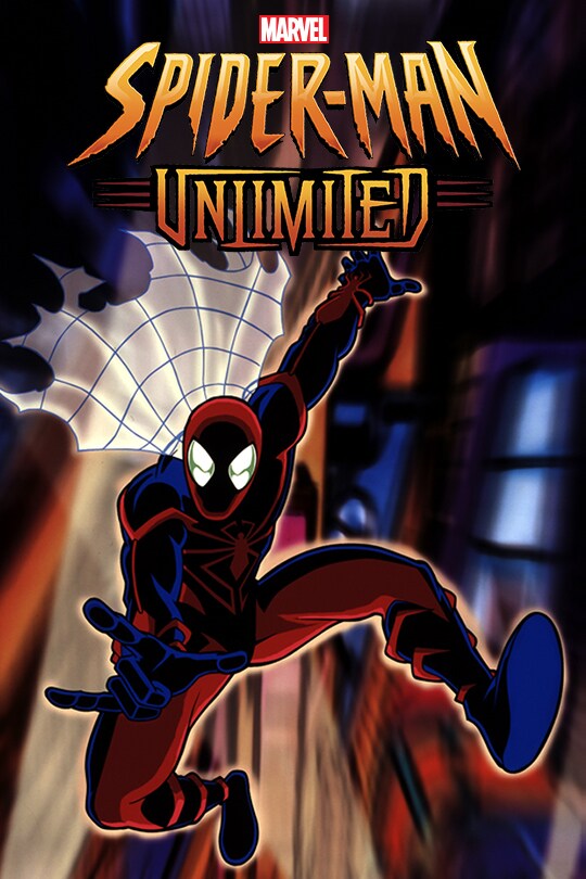 Spider-Man leaps from the dark reaching forward to web-swing, he is in a dark blue and red suit and has a web-like cape on. 
