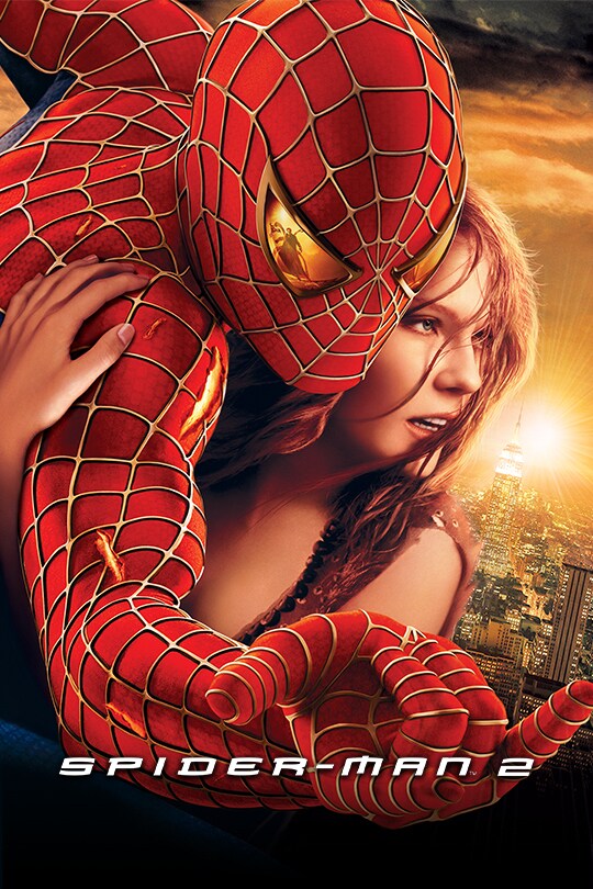 Spider-Man in his famous red and blue suit, with gold web adorning the outside in a web-pattern, holds onto Mary Jane while appearing to fly through the city skyline.
