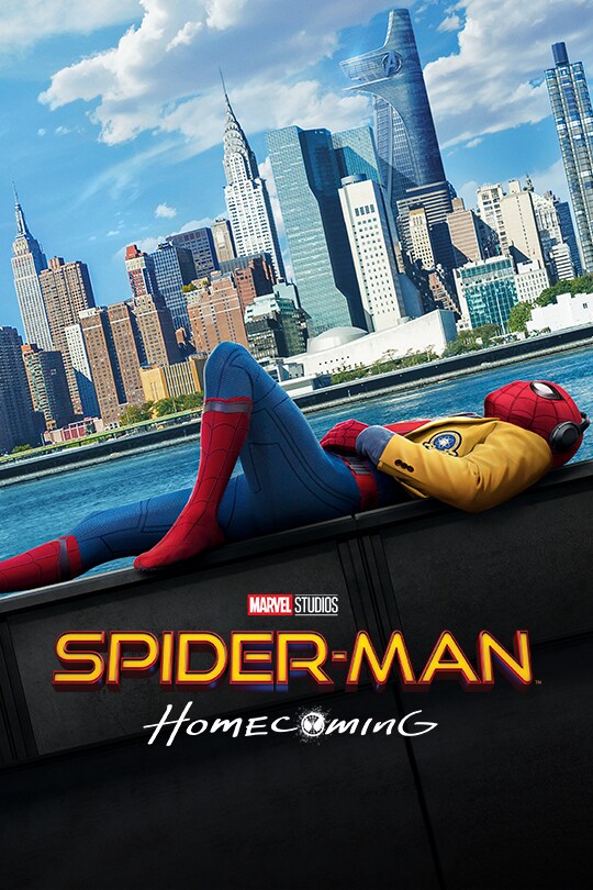 Peter Parker dressed as Spider-Man with a yellow jacket and headphones on, he's laying on the edge of a barrier next to the water, with the New York skyline and bright blue skies in the background.