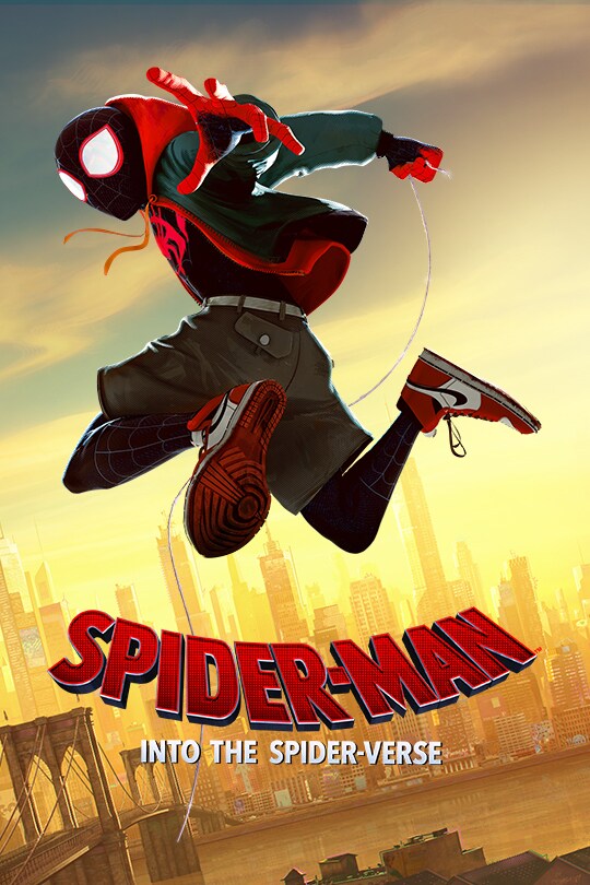 Miles Morales as Spider-Man leaps across the screen in a cartoon image, Spider-Man is wearing a dark outfit with his suit under some short and a red and black hoodie, he is wearing red and white Nike Jordans and appears to be leaping through the New York skyline.