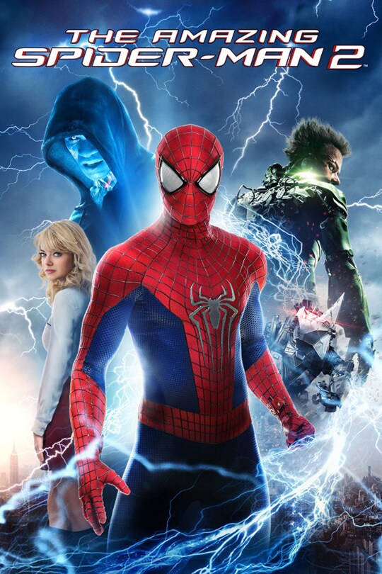 Peter Parker stands as Spider-Man, Gwen stands to his right, with Electro, Green Goblin and Rhino left in the remaining space. Lightning strikes through the mostly blue image.
