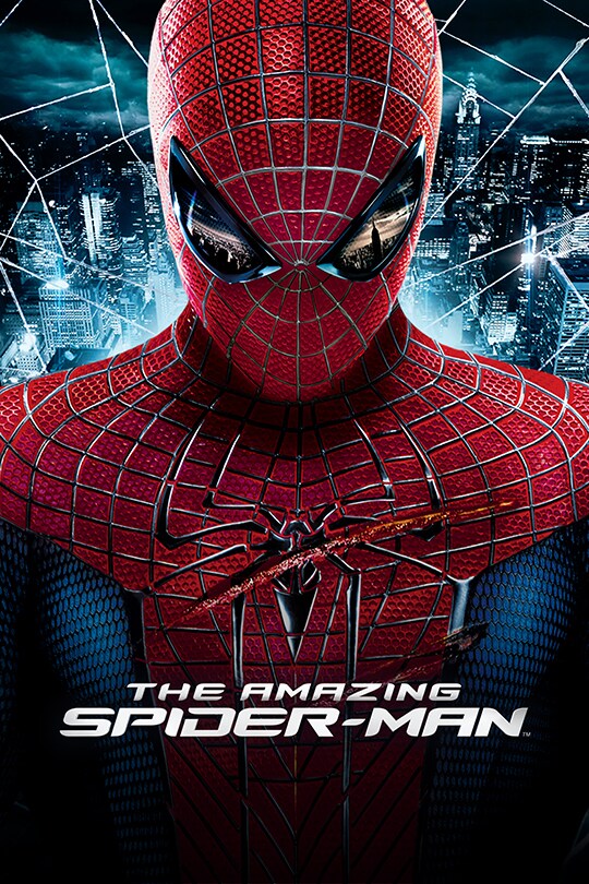 Spider-man in his red and blue suit with silver web-like appearance looks down towards his chest, 'The Amazing Spider-Man' title is in the lower third of the image.