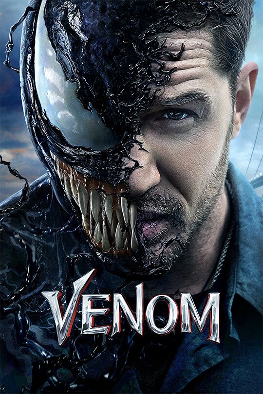Venom and Eddie Brock (Played by Tom Hardy) look towards the camera, with each face appearing, the alien symbiote Venom looks to be taking over Brock's body as the dark suit crawls over his face.